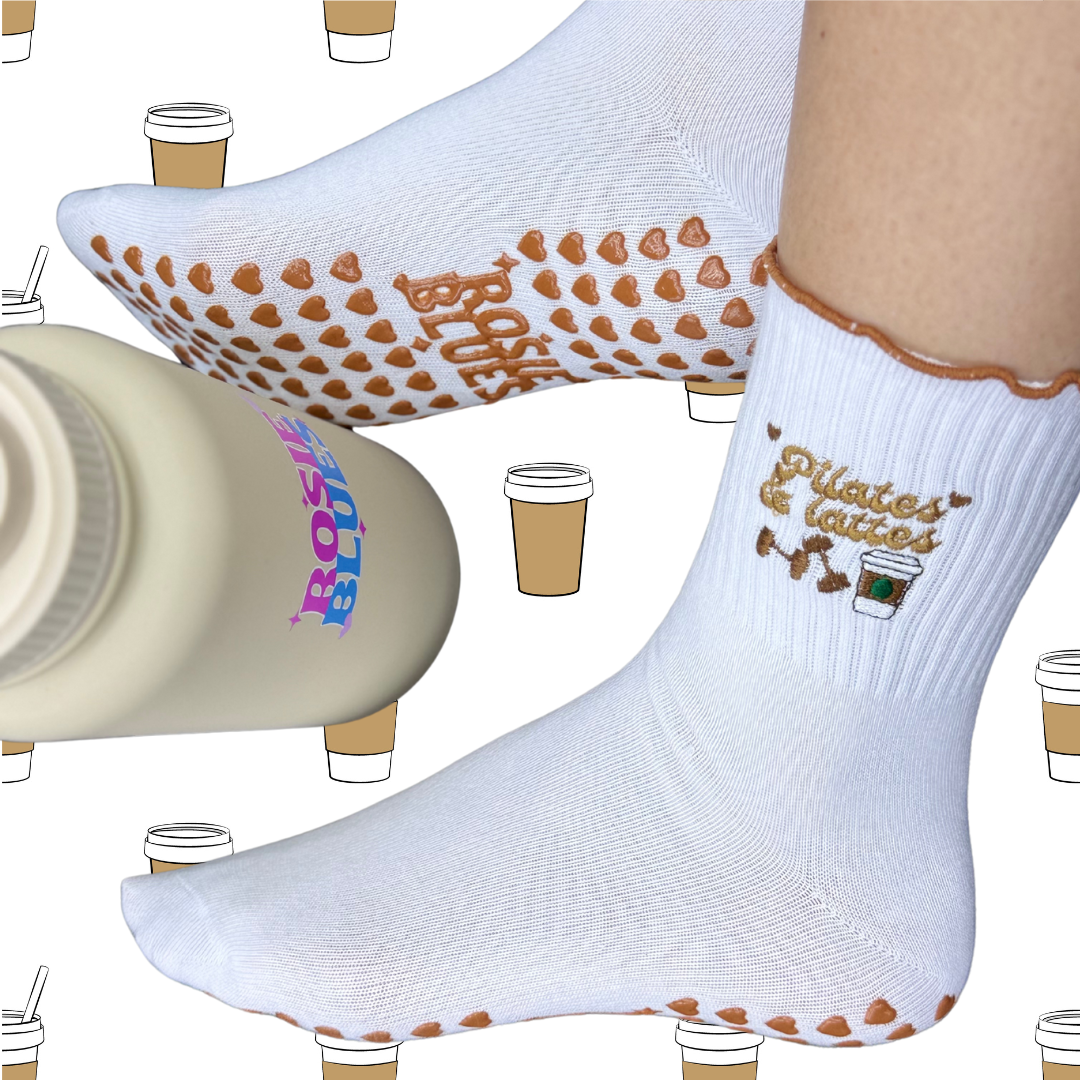 𧦠āPilates and Lattesā Grip Socks ā Coffee Run Edit