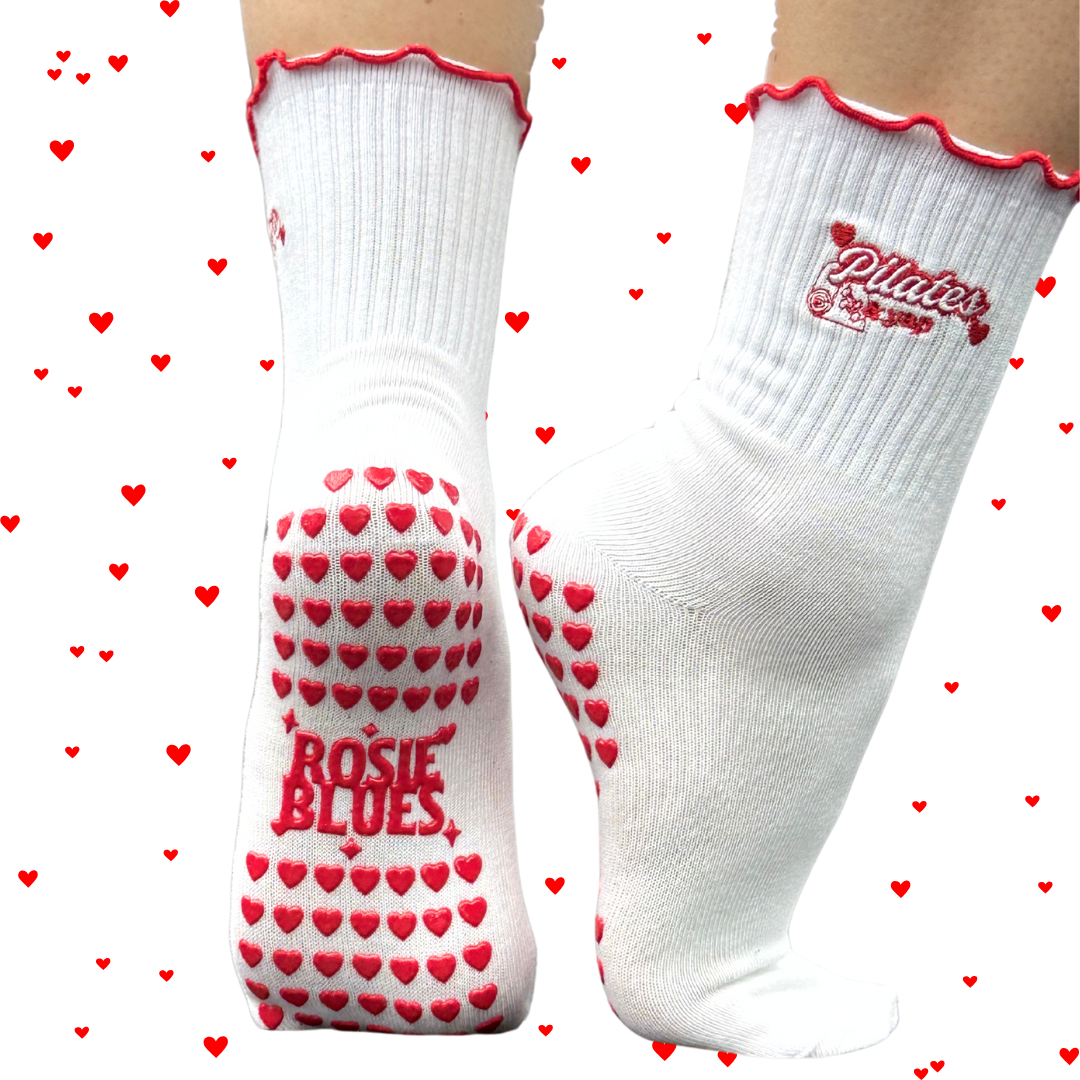 🧦 “Pilates and Yap” Grip Socks – Red Heart Edition