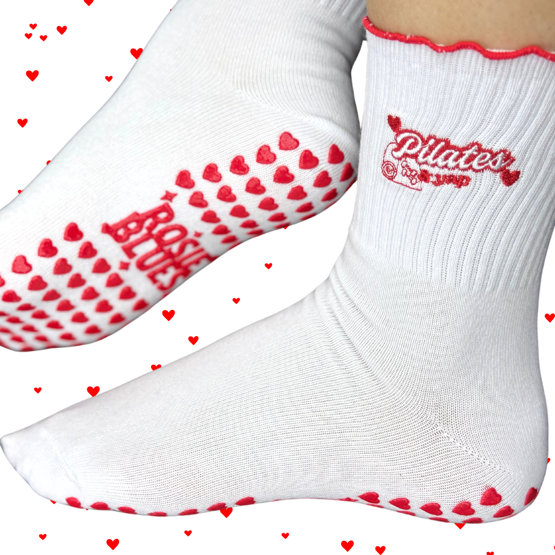 🧦 “Pilates and Yap” Grip Socks – Red Heart Edition