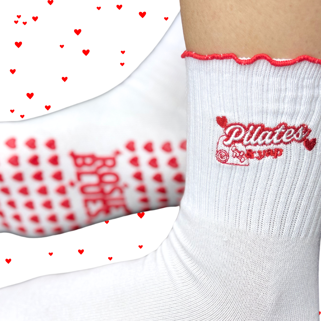 🧦 “Pilates and Yap” Grip Socks – Red Heart Edition
