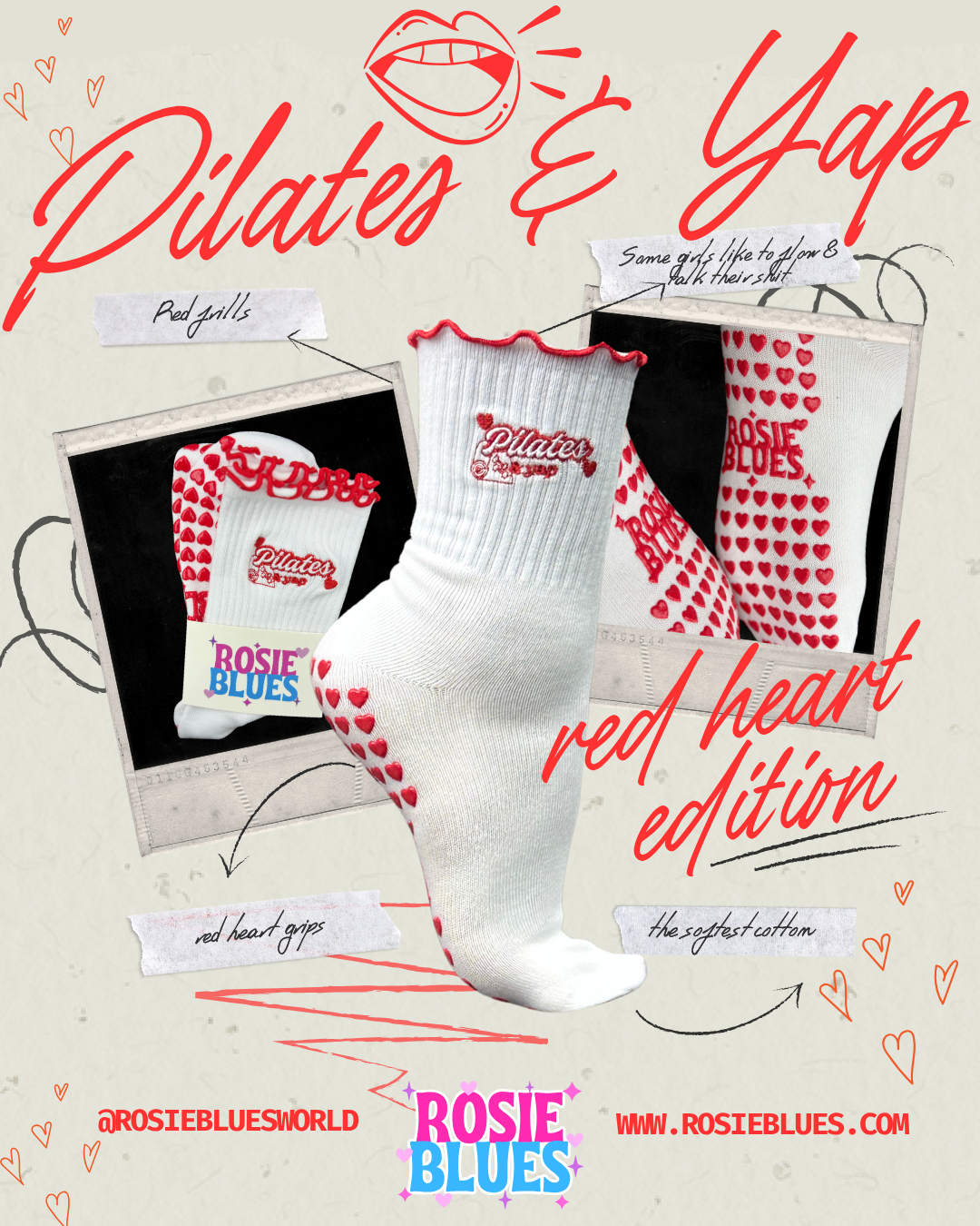 🧦 “Pilates and Yap” Grip Socks – Red Heart Edition